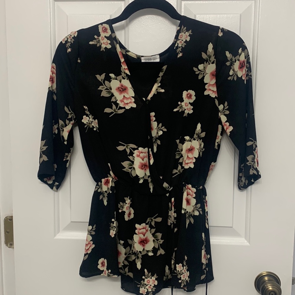 Black and Floral Blouse Small